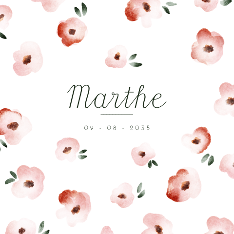 Vierkant geboortekaartje met geschilderde bloemen