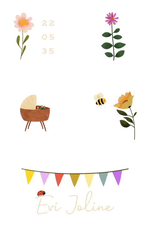 Houten geboorteblokken met bloemen en slingers