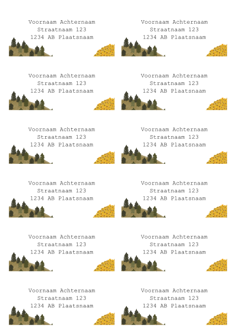 12 adresetiketten met heuvels bloemen en bomen