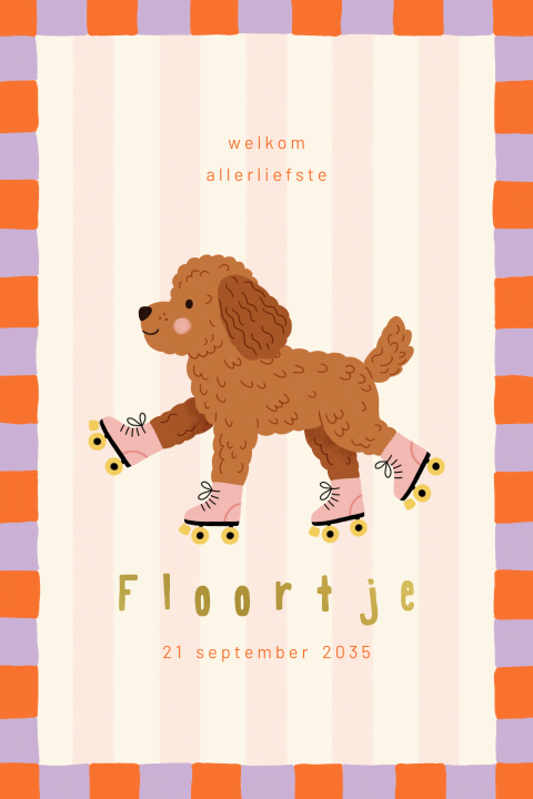 Kleurrijk geboortekaartje met een rolschaatsende labradoodle