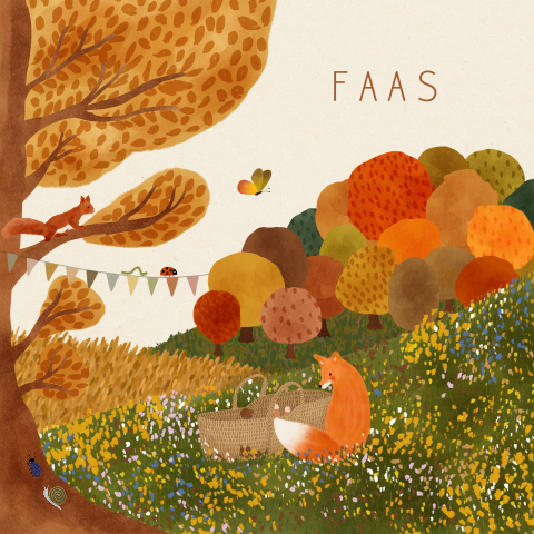 Vierkant herfst geboortekaartje met een herfstlandschap