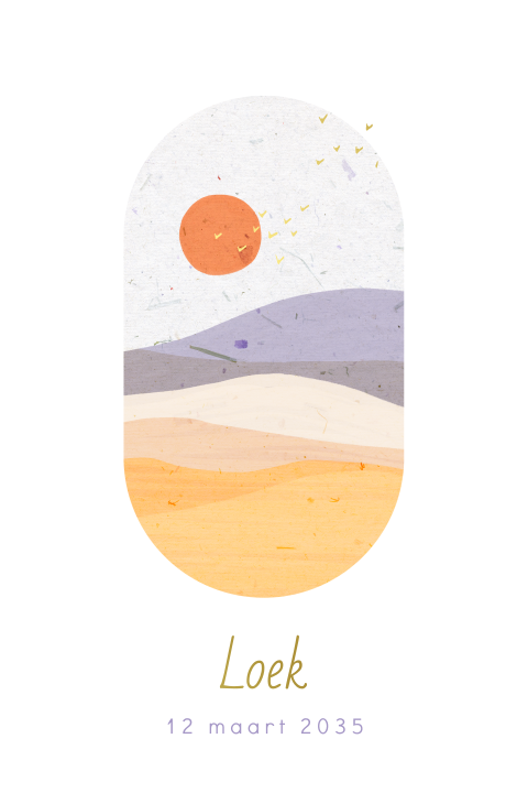 Geboortekaartje met een heuvellandschap in geel-grijze tinten