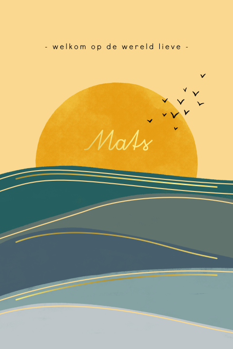 Foliekaartje met de zon, vogels en de zee