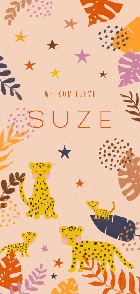 Stoer nude-roze geboortekaartje met een familie luipaard