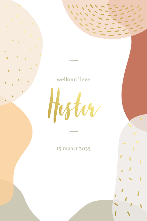 Vrolijk geboortekaartje met abstracte vormen en goudfolie