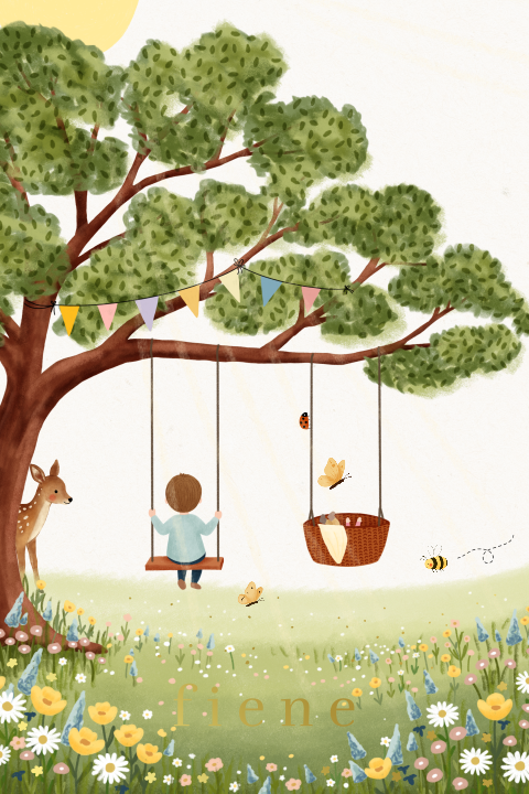 Lente kaartje met schommels, grote broer en foliedruk