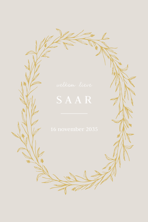 Klassiek geboortekaartje met krans van bladeren en beige achtergrond