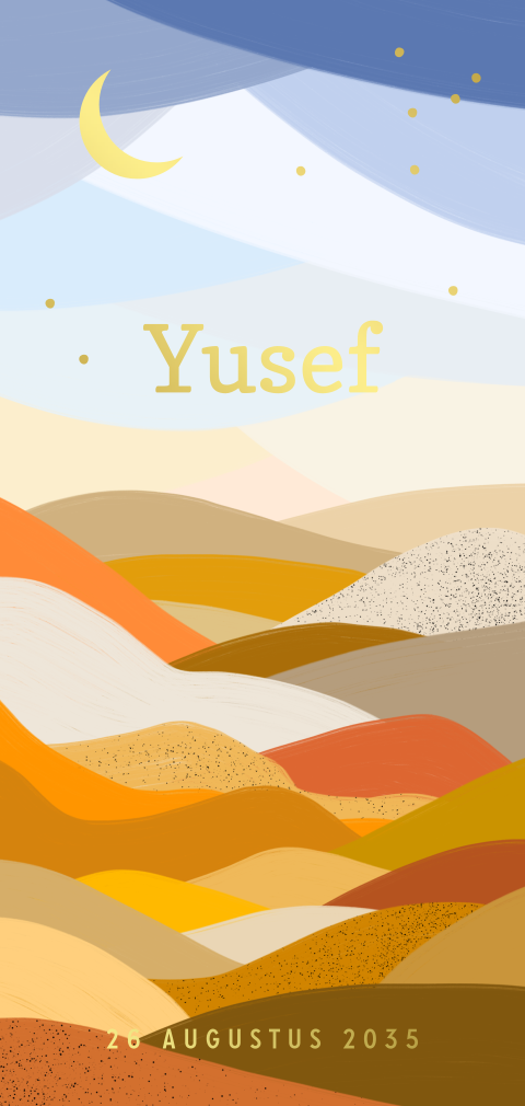 Langwerpig geboortekaartje met woestijn goudfolie maan en sterren