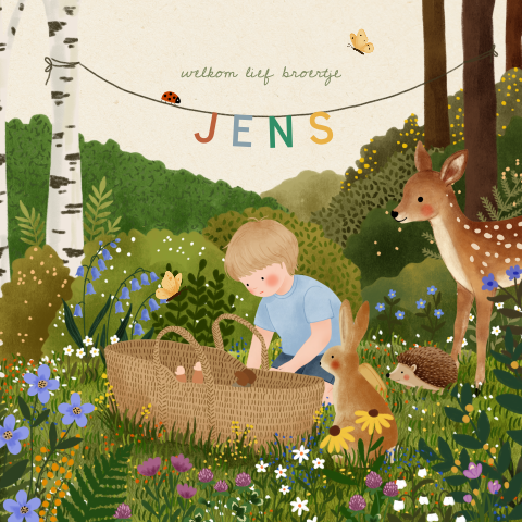 Geboortekaartje met een baby, grote broer en bosdieren