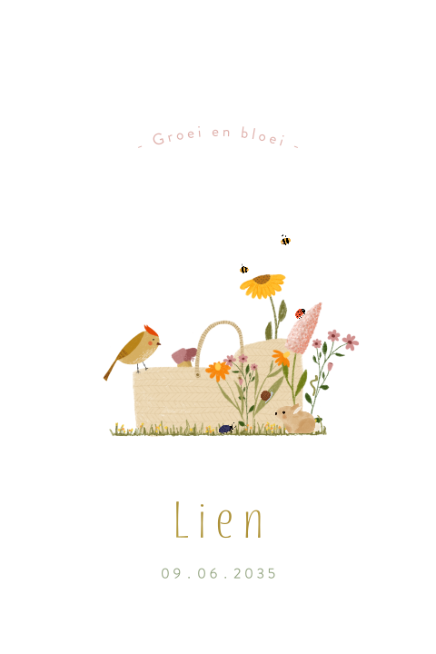 Boog stanskaartje met een reiswiegje, bloemen, beestjes en goudfolie