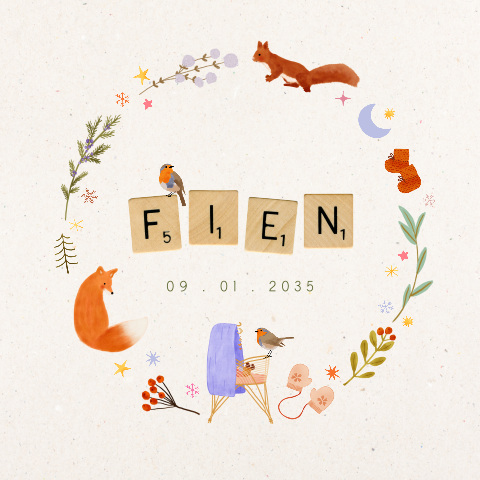 Kaartje met een krans van winterse illustraties met lila elementen