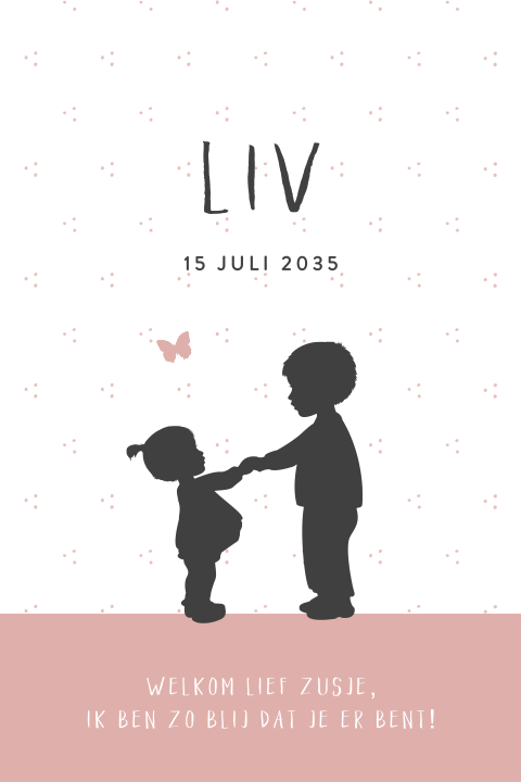 Silhouet geboortekaartje met ronde hoeken een voor zusje
