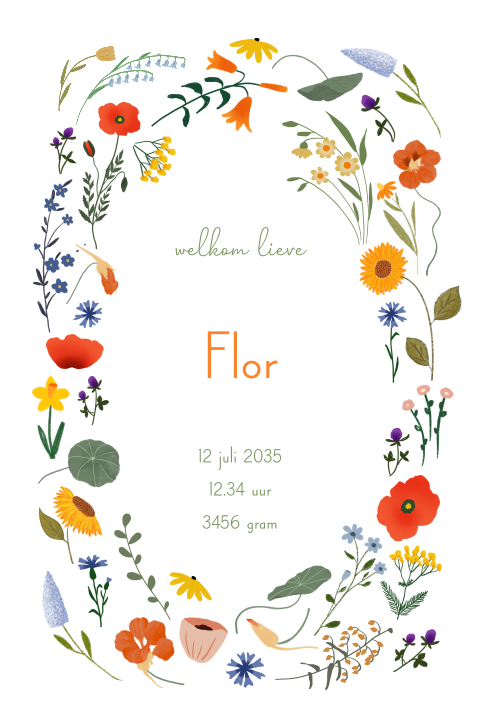 Neutraal geboortekaartje met bloemen in vrolijke kleuren