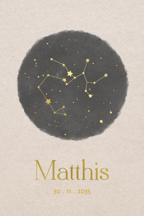 Staand dubbel geboortekaartje met een sterrenbeeld in goudfolie