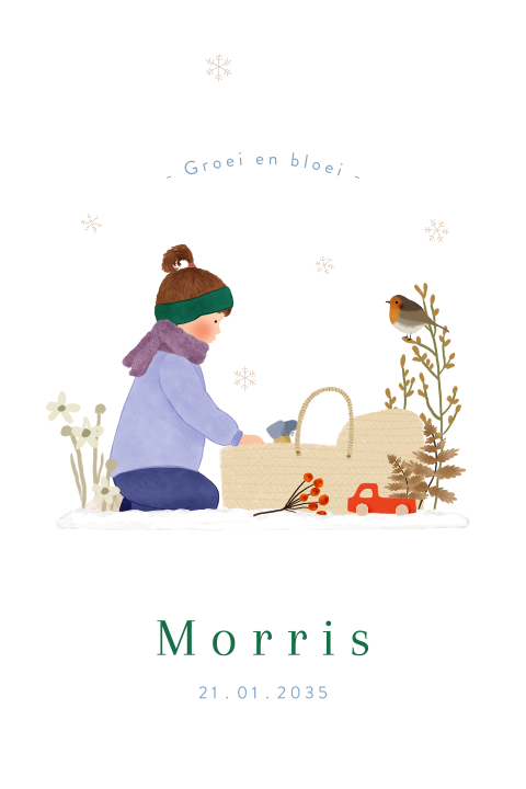 Boog stanskaartje met een reiswiegje, sneeuw en een grote zus