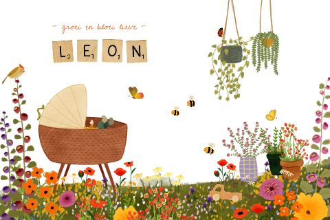 Kleurrijk geboortekaartje met een wiegje, bloemen en folie