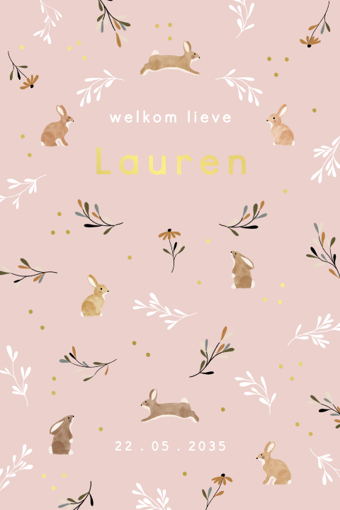 Roze geboortekaartje met schattige konijntjes