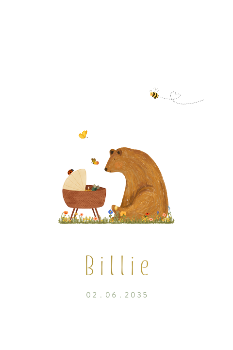 Boog stanskaartje met goudfolie, een wiegje, bloemen en een beer