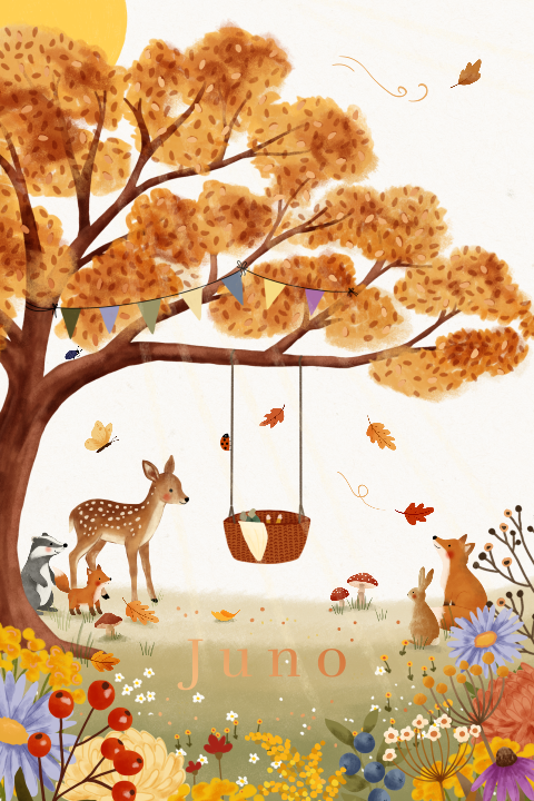 Herfst geboortekaartje met een baby-schommel-mandje en foliedruk