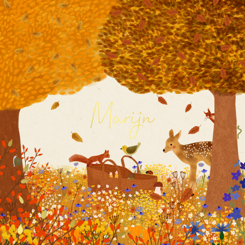 Herfstkaartje met bomen, bloemen, dieren en een babytje