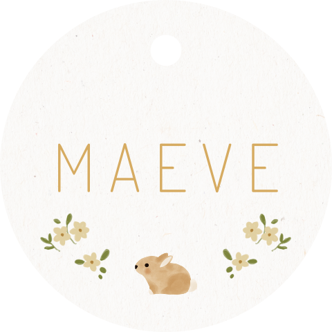Lief rond doopsuiker label met een konijntje en bloemen