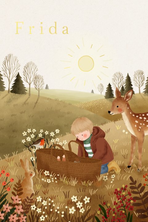 Winterkaartje met bomen, dieren, een baby en goudfolie