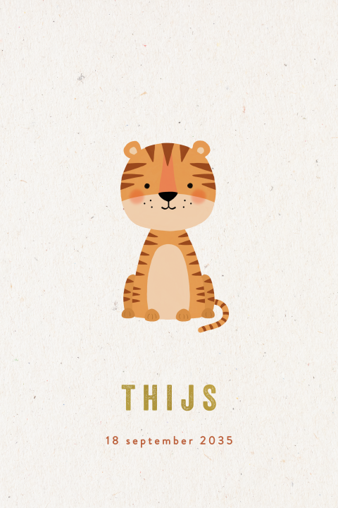Geboortekaartje met een tijgertje en goudfolie