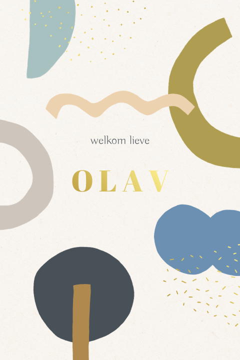 Staand geboortekaartje met abstracte vormen en goudfollie