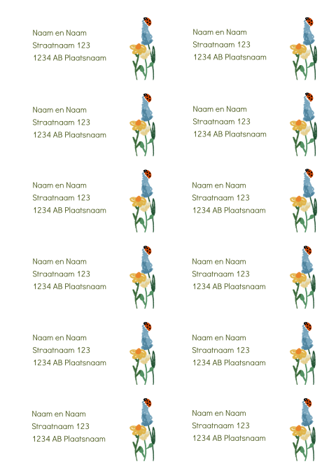 12 adresetiketten met bloemen een een lieveheersbeestje