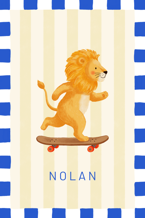 Hip geboortekaartje met een leeuw op een skateboard