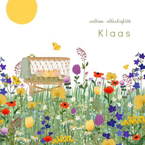 Kaartje met een bloemenveld, een wiegje, vlinders en een rupsje