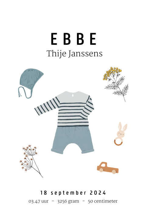 Staande poster met babykleding, speelgoed en bloemen