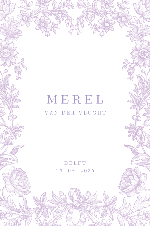 Klassiek geboortekaartje met lila bloemenkrans