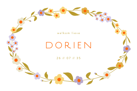 Vrolijk liggend gestanst geboortekaartje met een bloemenkrans