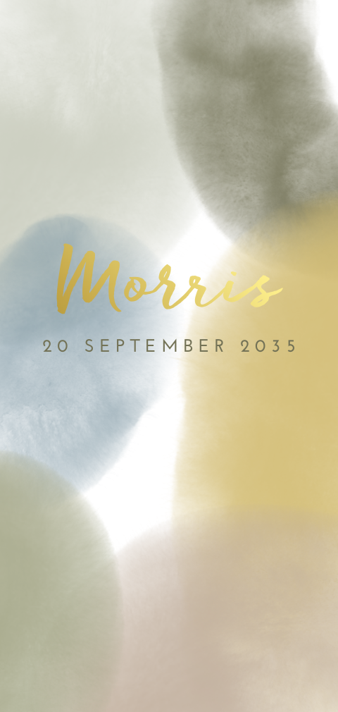 Geboortekaartje met waterverf achtergrond en goudfolie