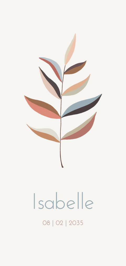 Modern geboortekaartje met een takje in verschillende kleuren