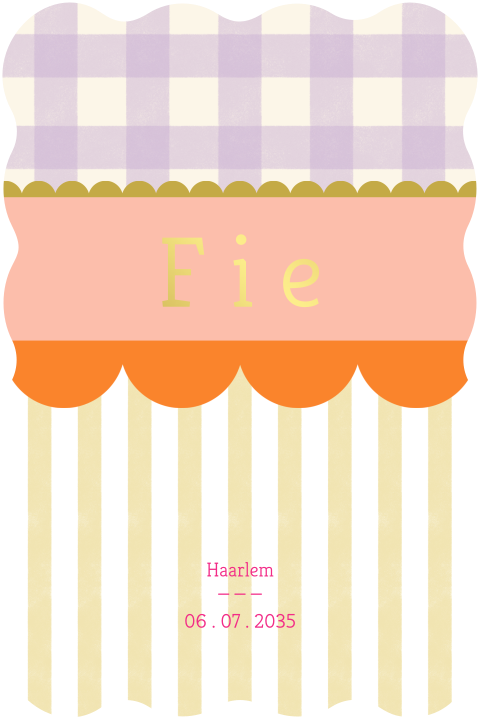 Kleurrijk geboortekaartje met streepjes, ruitjes en boogjes