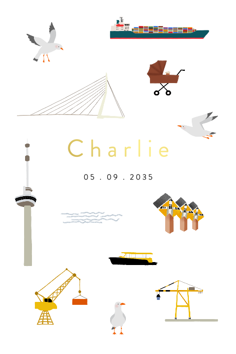 Geboortekaartje met goudfolie voor een kleine Rotterdammer