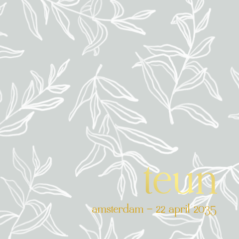 Enkel vierkant geboortekaartje met goudfolie en witte blaadjes