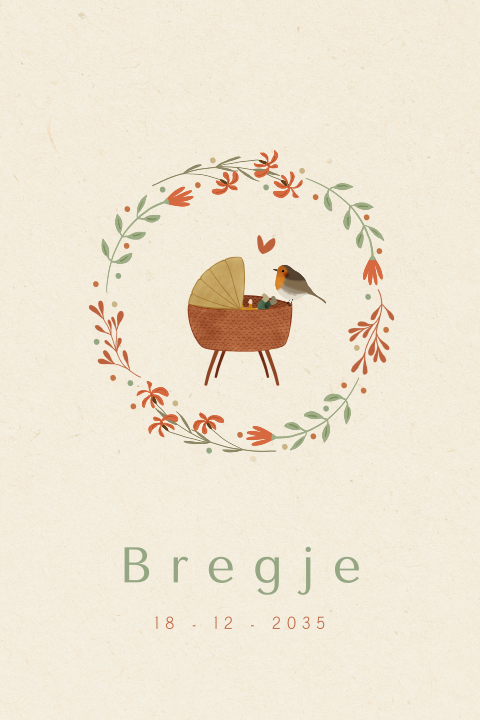 Geboortekaartje met een wiegje, roodborstje en bloemen
