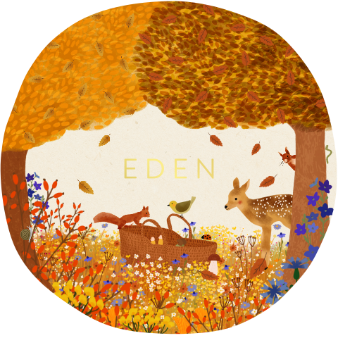 Rond herfst goudfolie geboortekaartje met een baby'tje en dieren