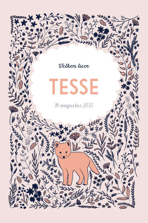 Handgetekend geboortekaartje met takjes blaadjes en een vosje