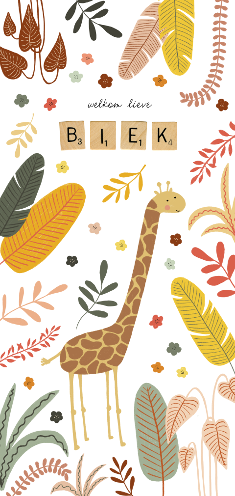 Jungle geboortekaartje met giraf en scrabble letters