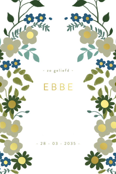 Geboortekaartje met bloemen en goudfolie