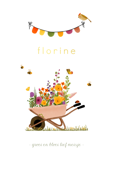 Foliekaartje met een kruiwagen vol kleurrijke bloemen