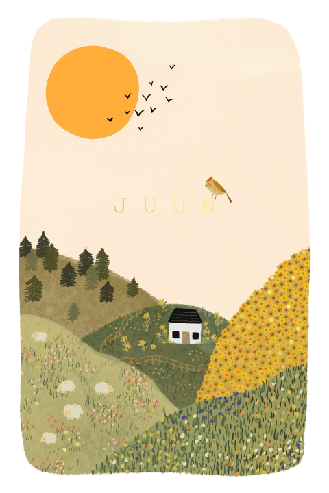 Landschap geboortekaartje met goudfolie, bloemen en schaapjes