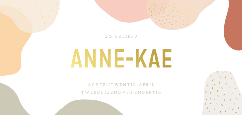 Modern geboortekaartje met kleurvlakken en goudfolie voor een meisje