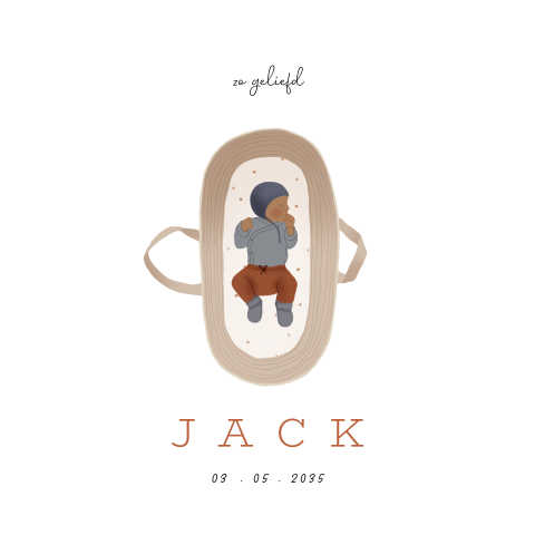 Geboortekaartje met een lief babytje in een mozesmandje