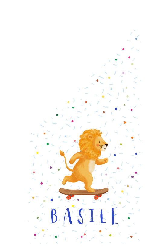 Een vrolijke geboortevlag met confetti en een skateboardende leeuw