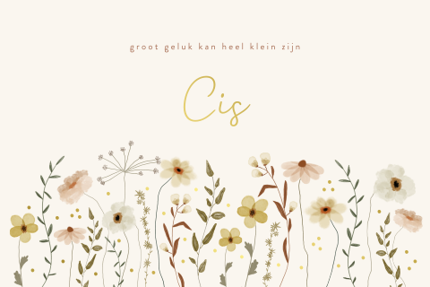 Liggend geboortekaartje met bloemen, stipjes en goudfolie